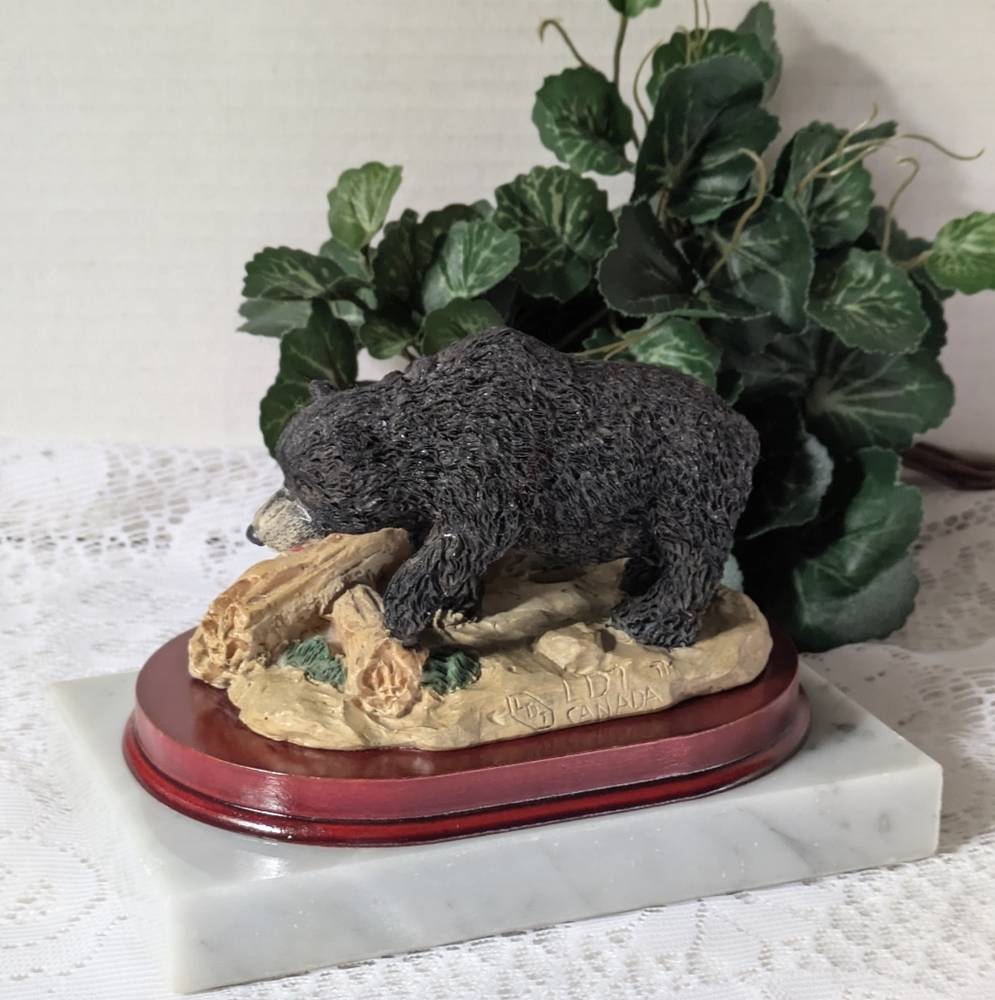 Vintage Black Bear Figurine on Wood And Marble Base Resin Grizzly